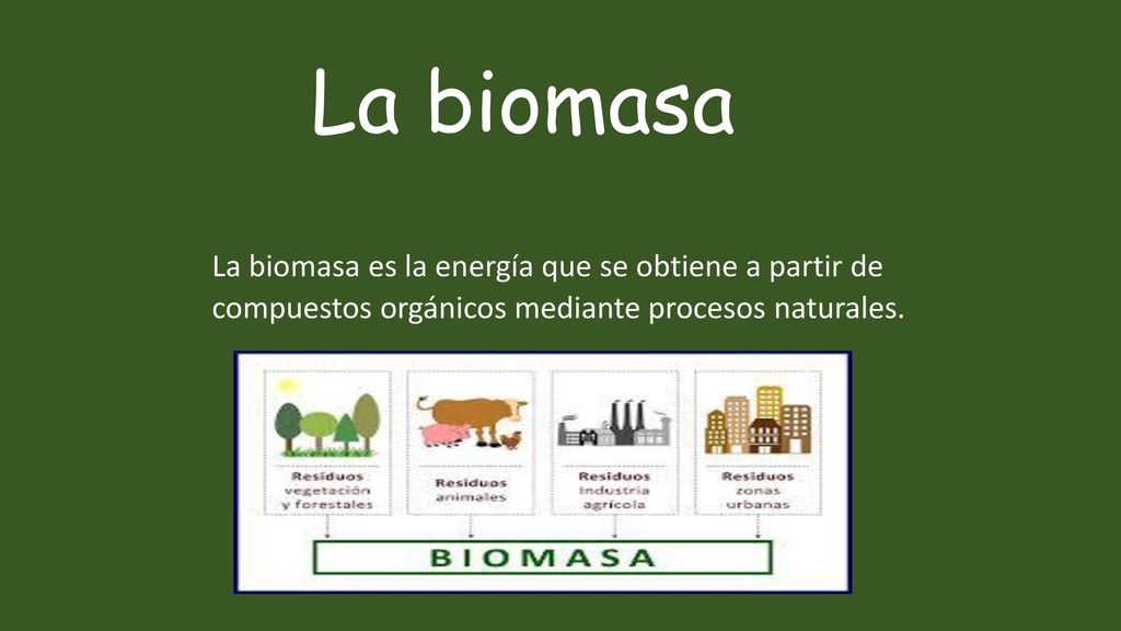 La biomasa La biomasa es la energía que se obtiene a partir de compuestos orgánicos mediante procesos naturales.