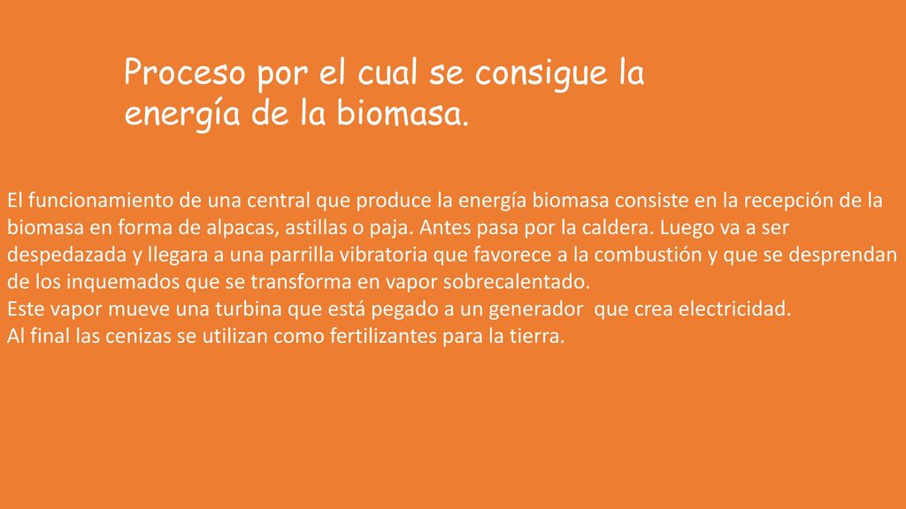 Proceso por el cual se consigue la energía de la biomasa.