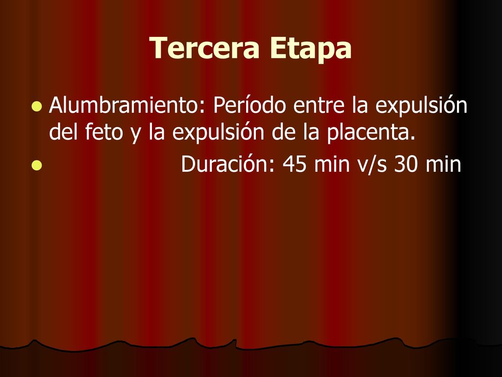 Tercera Etapa Alumbramiento: Período entre la expulsión del feto y la expulsión de la placenta.