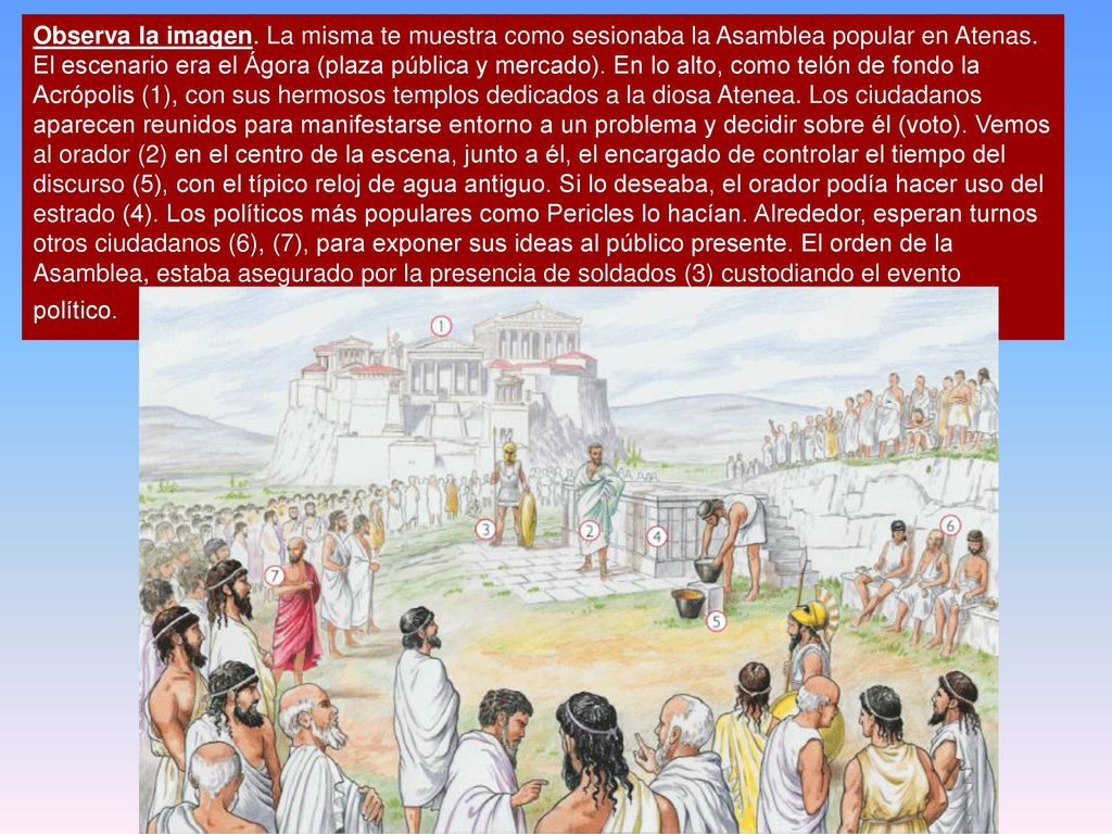 Observa la imagen. La misma te muestra como sesionaba la Asamblea popular en Atenas.