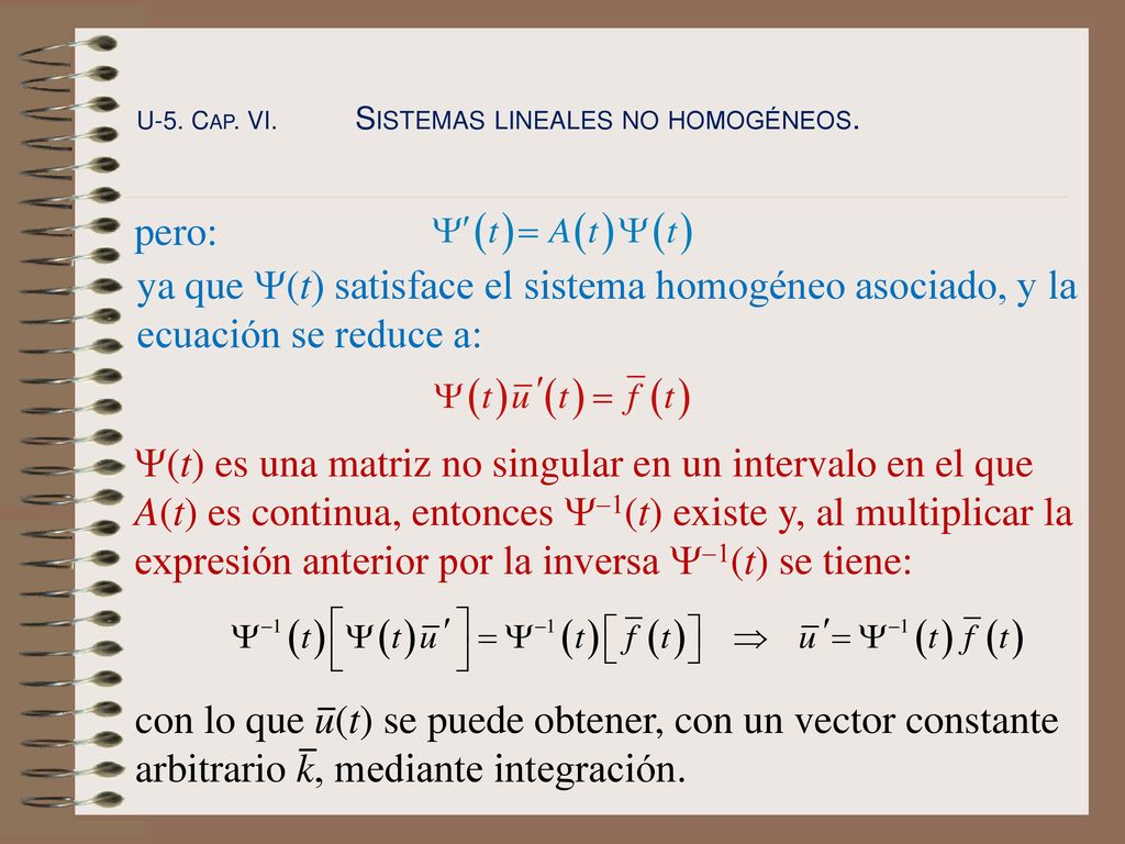ya que Y(t) satisface el sistema homogéneo asociado, y la