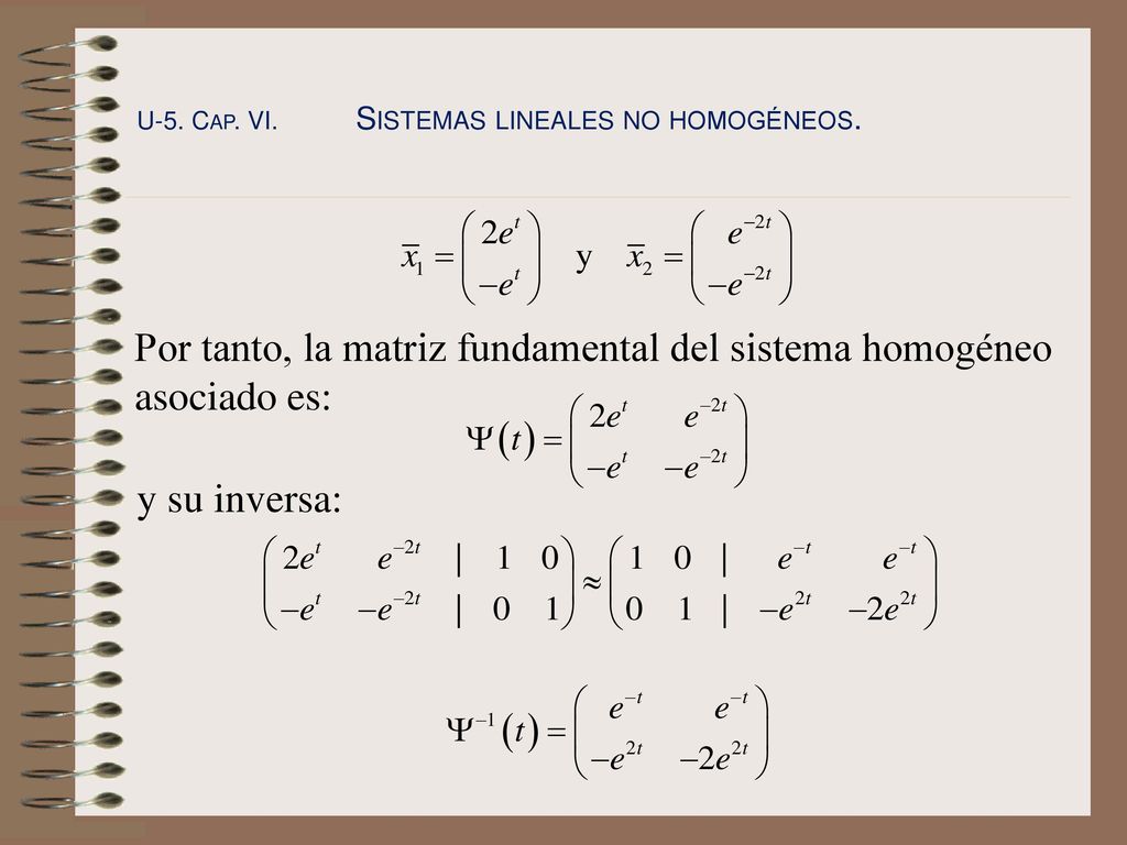 Por tanto, la matriz fundamental del sistema homogéneo asociado es: