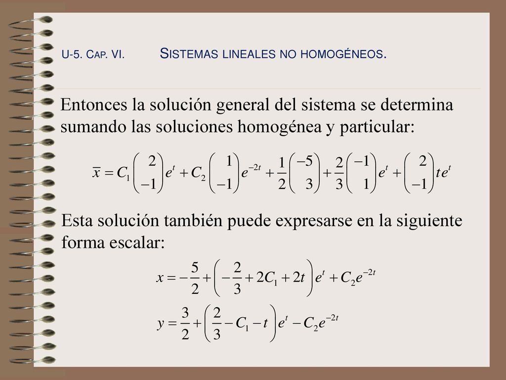 Esta solución también puede expresarse en la siguiente forma escalar: