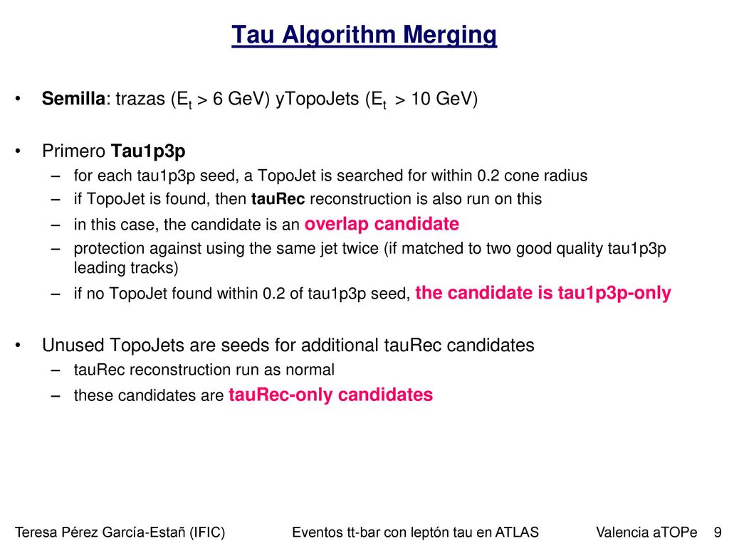 Tau Algorithm Merging Semilla: trazas (Et > 6 GeV) yTopoJets (Et > 10 GeV) Primero Tau1p3p.
