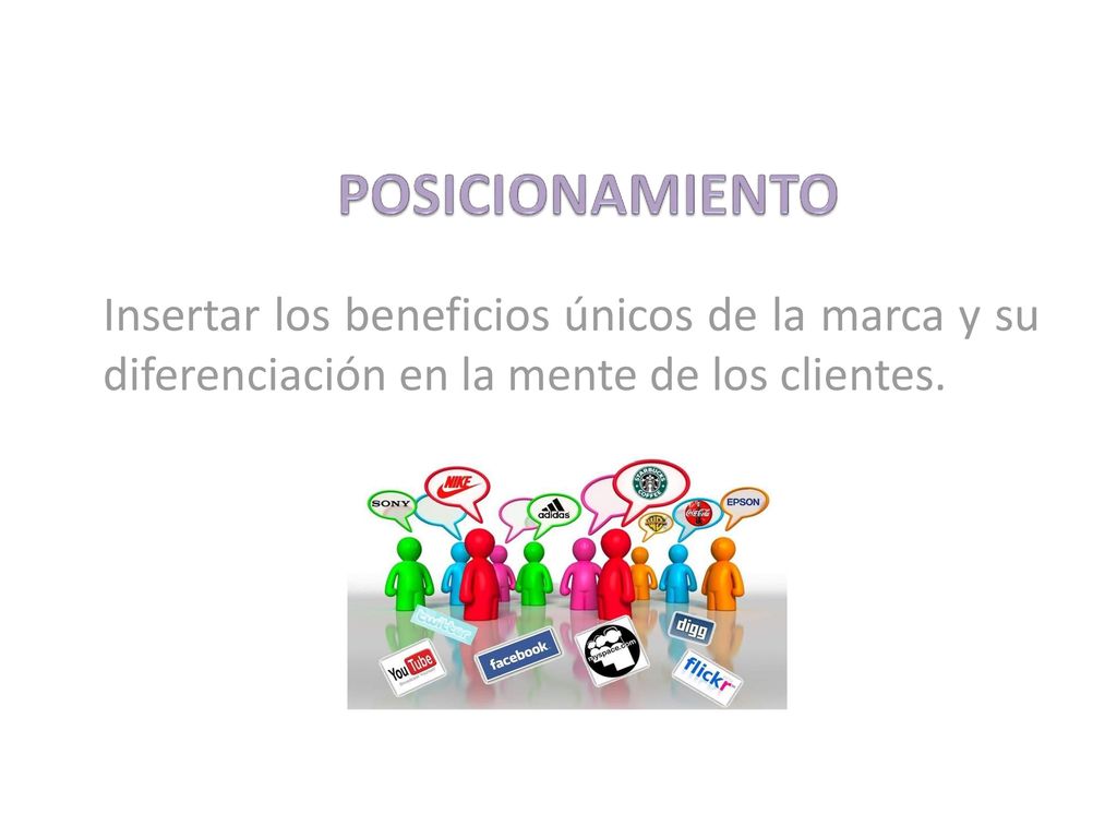 POSICIONAMIENTO Insertar los beneficios únicos de la marca y su diferenciación en la mente de los clientes.