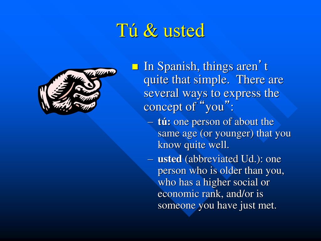 Tú & usted In Spanish, things aren’t quite that simple. There are several ways to express the concept of you :