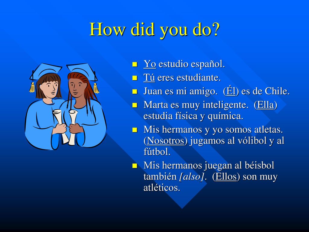 How did you do Yo estudio español. Tú eres estudiante.