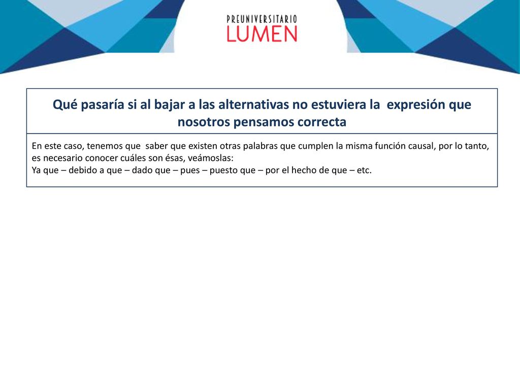 Qué pasaría si al bajar a las alternativas no estuviera la expresión que nosotros pensamos correcta