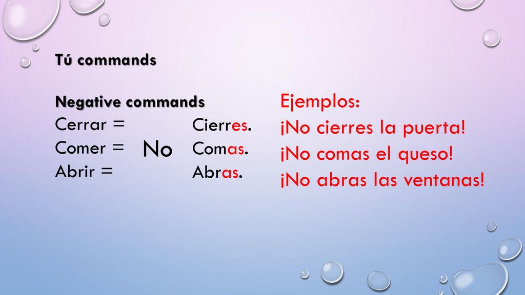 No Ejemplos: ¡No cierres la puerta! ¡No comas el queso!