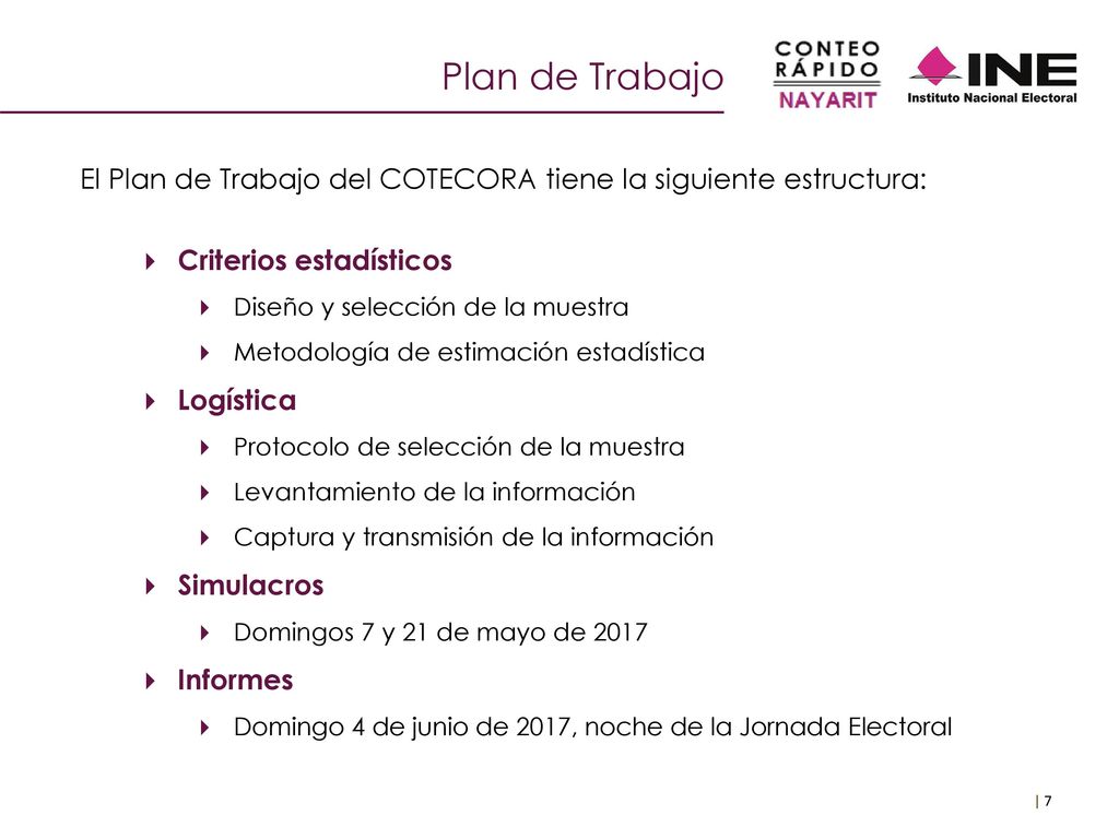 Plan de Trabajo El Plan de Trabajo del COTECORA tiene la siguiente estructura: Criterios estadísticos.
