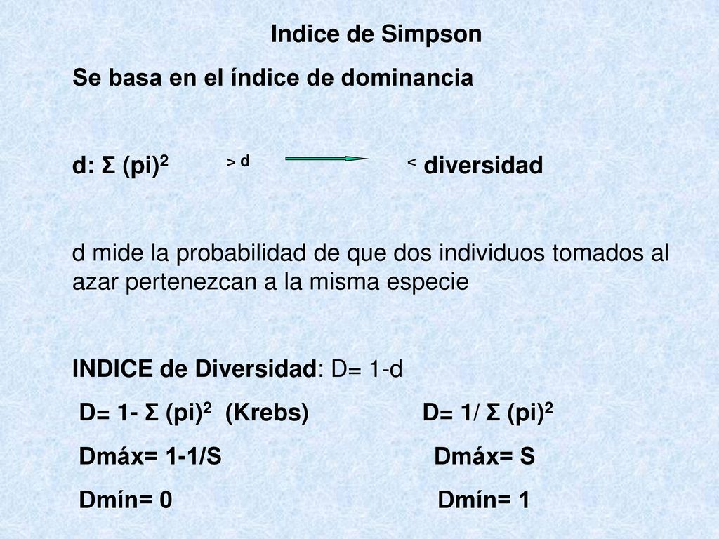 Indice de Simpson Se basa en el índice de dominancia. d: Σ (pi)2 > d < diversidad.