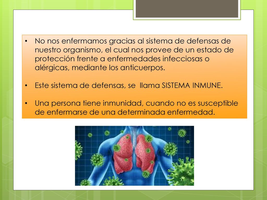 No nos enfermamos gracias al sistema de defensas de nuestro organismo, el cual nos provee de un estado de protección frente a enfermedades infecciosas o alérgicas, mediante los anticuerpos.