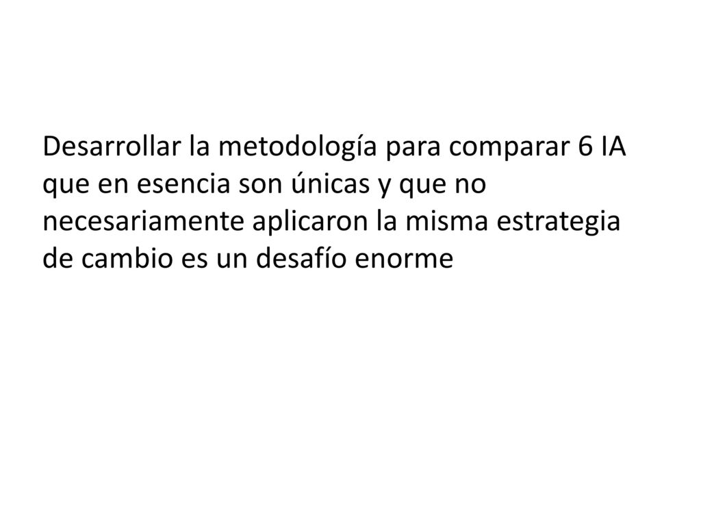 Desarrollar la metodología para comparar 6 IA que en esencia son únicas y que no necesariamente aplicaron la misma estrategia de cambio es un desafío enorme