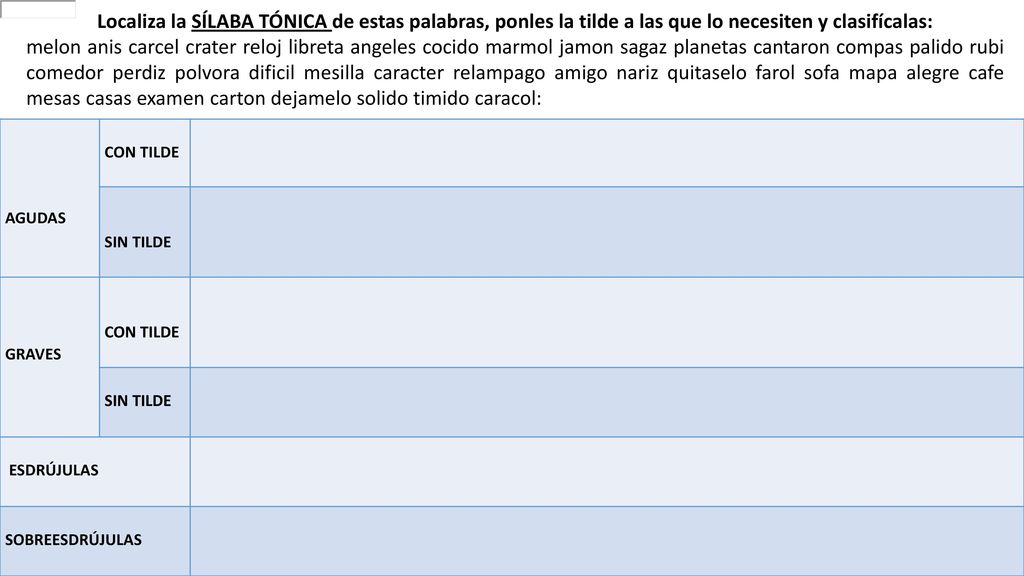 Localiza la SÍLABA TÓNICA de estas palabras, ponles la tilde a las que lo necesiten y clasifícalas: