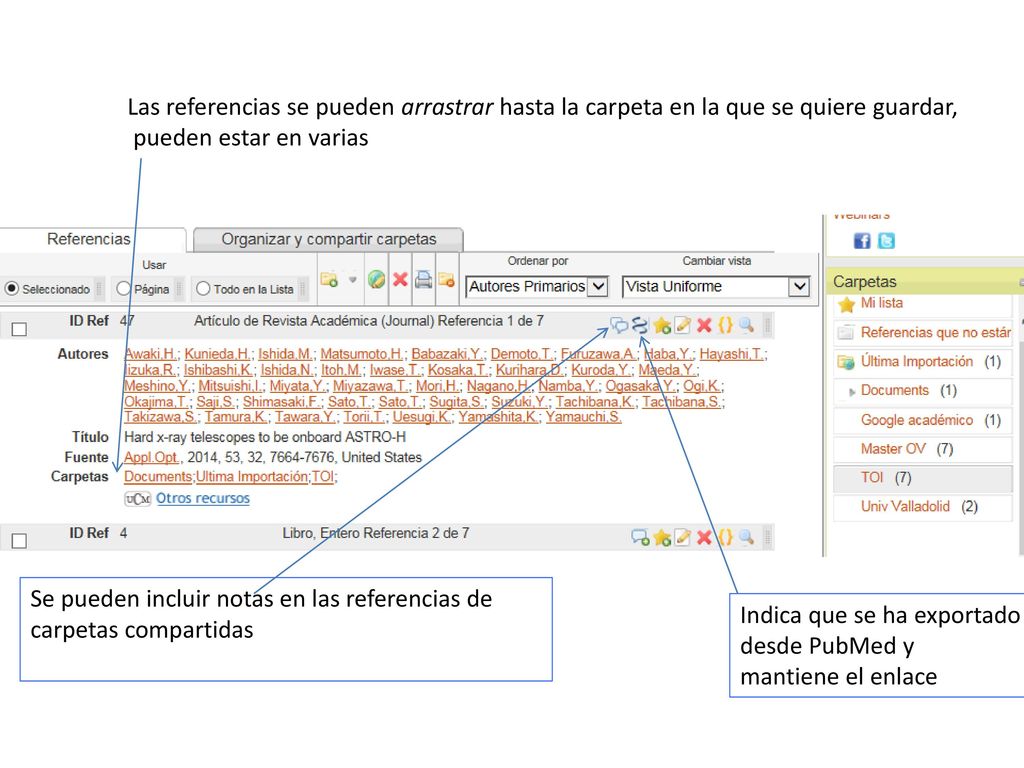 Las referencias se pueden arrastrar hasta la carpeta en la que se quiere guardar,