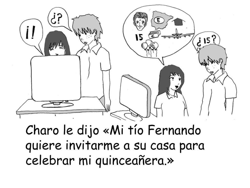 Charo le dijo «Mi tío Fernando quiere invitarme a su casa para celebrar mi quinceañera.»