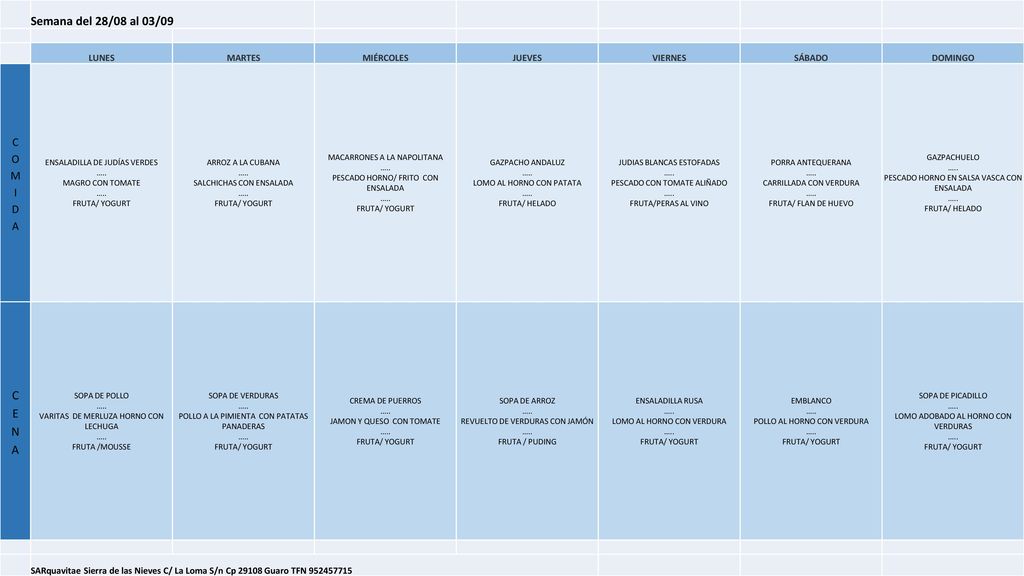 Semana del 28/08 al 03/09 CENA COMIDA LUNES MARTES MIÉRCOLES JUEVES