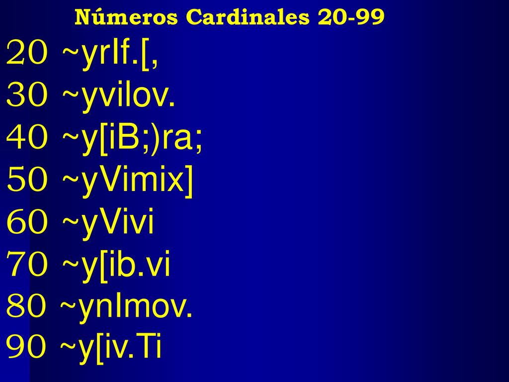20 ~yrIf.[, 30 ~yvilov. 40 ~y[iB;)ra; 50 ~yVimix] 60 ~yVivi