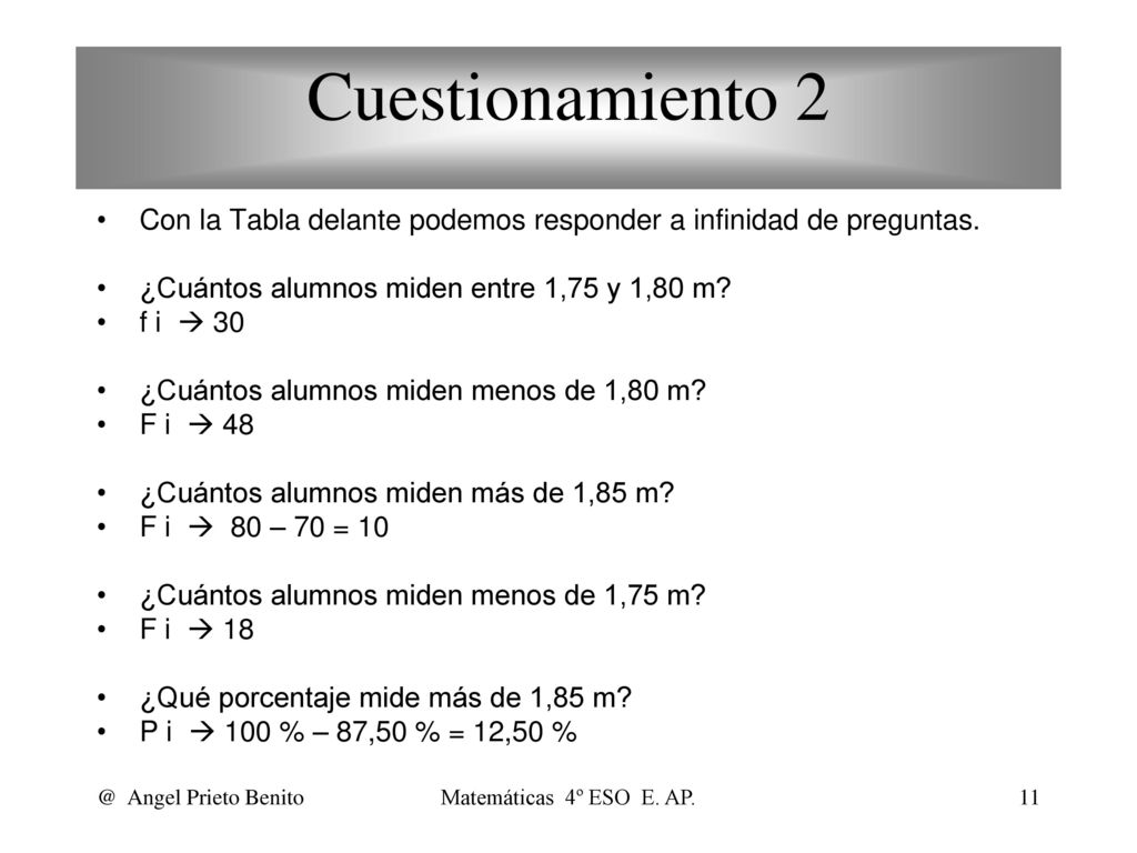 Cuestionamiento 2 Con la Tabla delante podemos responder a infinidad de preguntas. ¿Cuántos alumnos miden entre 1,75 y 1,80 m