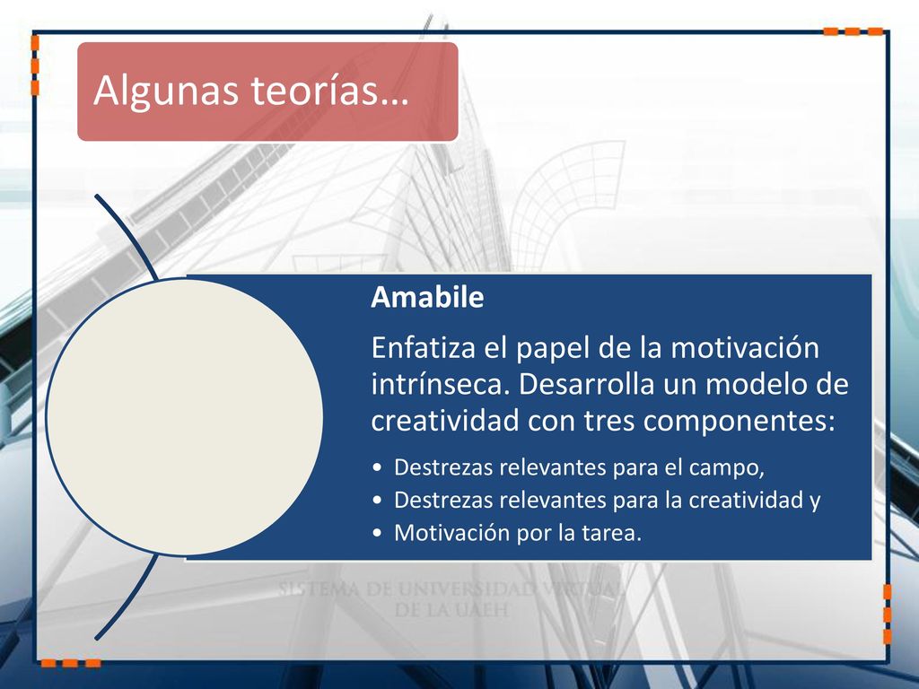 Algunas teorías… Amabile Enfatiza el papel de la motivación intrínseca. Desarrolla un modelo de creatividad con tres componentes:
