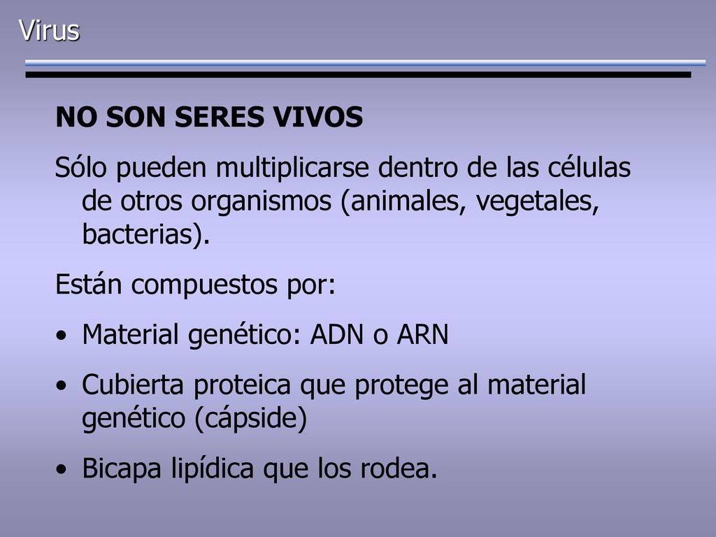 Virus NO SON SERES VIVOS. Sólo pueden multiplicarse dentro de las células de otros organismos (animales, vegetales, bacterias).