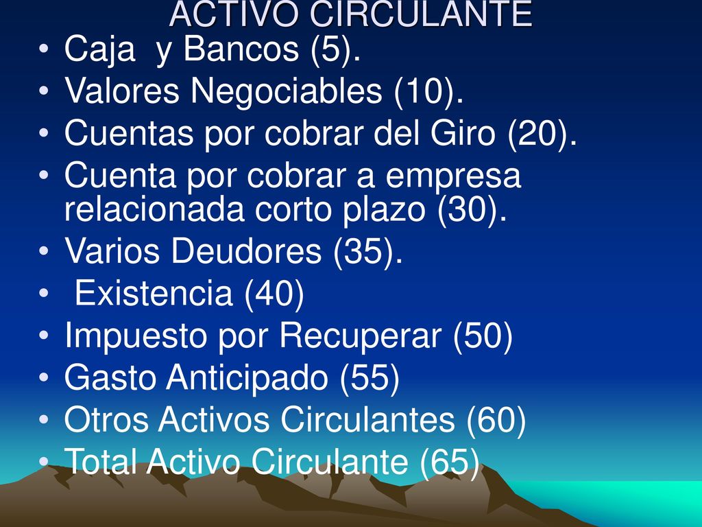 ACTIVO CIRCULANTE Caja y Bancos (5). Valores Negociables (10). Cuentas por cobrar del Giro (20).