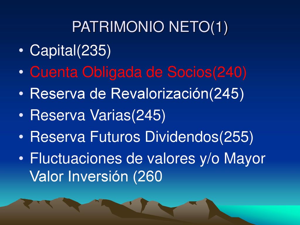 PATRIMONIO NETO(1) Capital(235) Cuenta Obligada de Socios(240) Reserva de Revalorización(245) Reserva Varias(245)
