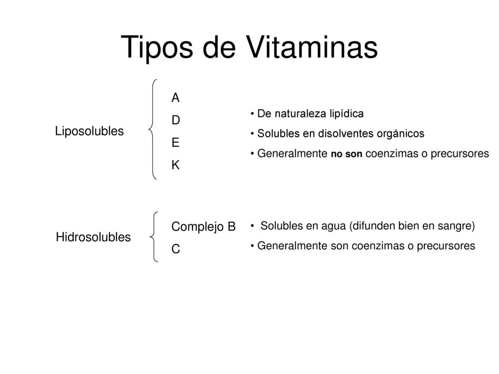 Tipos de Vitaminas A D E K Liposolubles Complejo B C Hidrosolubles