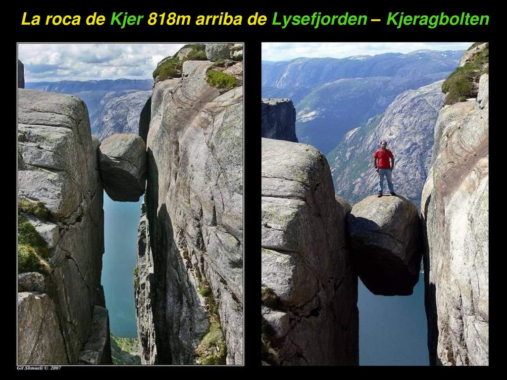 La roca de Kjer 818m arriba de Lysefjorden – Kjeragbolten