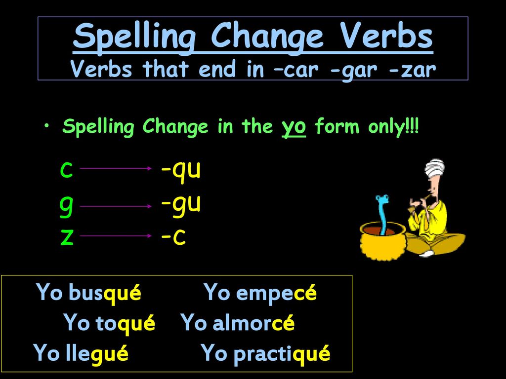 Spelling Change Verbs Verbs that end in –car -gar -zar