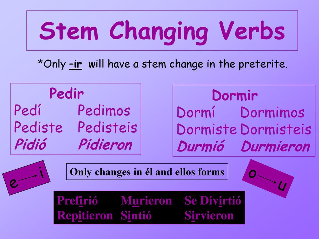 Stem Changing Verbs e i o u Pedir Dormir Pedí Pedimos Dormí Dormimos