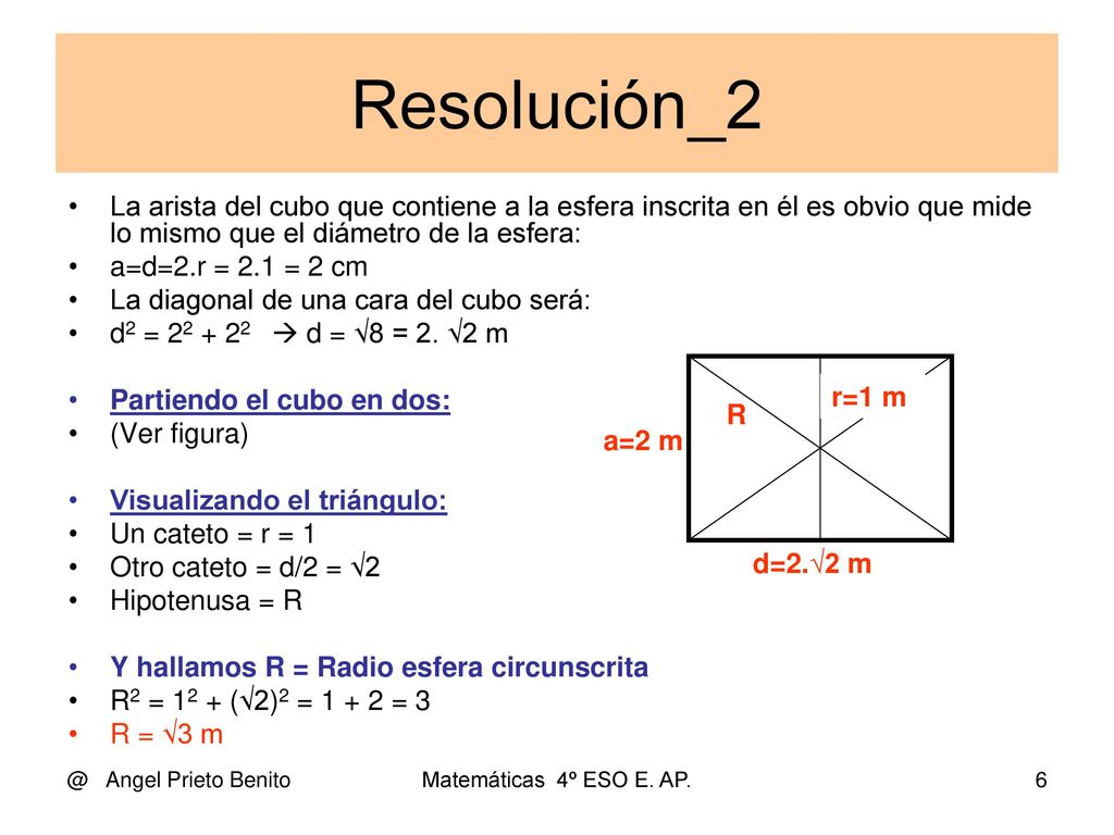 Resolución_2 La arista del cubo que contiene a la esfera inscrita en él es obvio que mide lo mismo que el diámetro de la esfera: