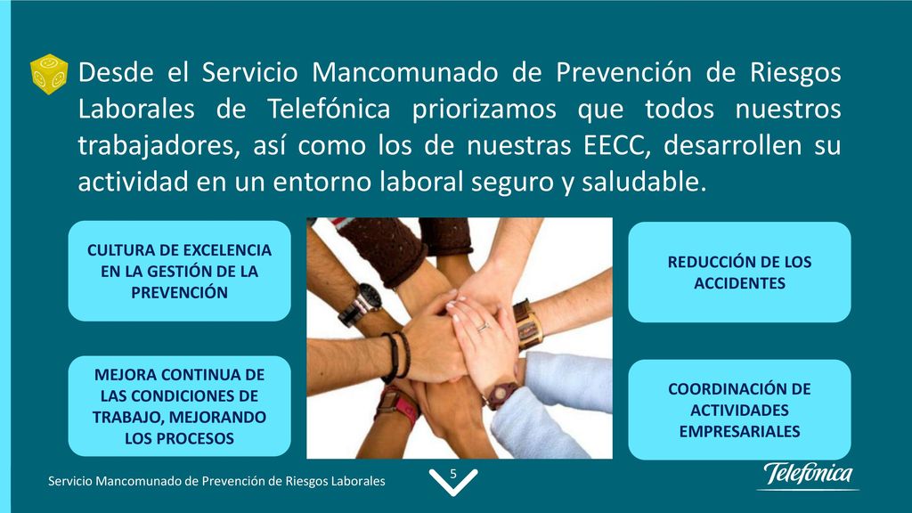 Desde el Servicio Mancomunado de Prevención de Riesgos Laborales de Telefónica priorizamos que todos nuestros trabajadores, así como los de nuestras EECC, desarrollen su actividad en un entorno laboral seguro y saludable.