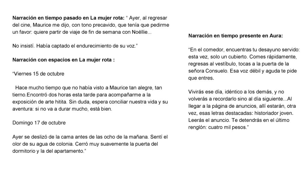 Narración en tiempo pasado en La mujer rota: Ayer, al regresar del cine, Maurice me dijo, con tono precavido, que tenía que pedirme un favor: quiere partir de viaje de fin de semana con Noëllie...