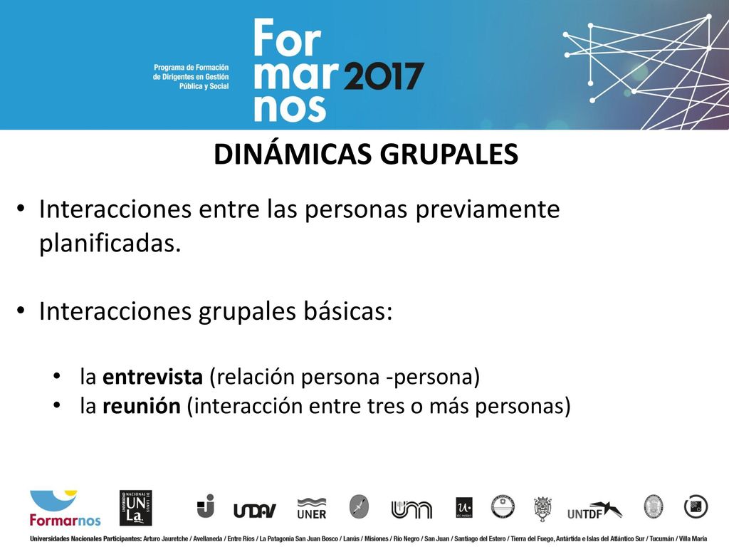 DINÁMICAS GRUPALES Interacciones entre las personas previamente planificadas. Interacciones grupales básicas: