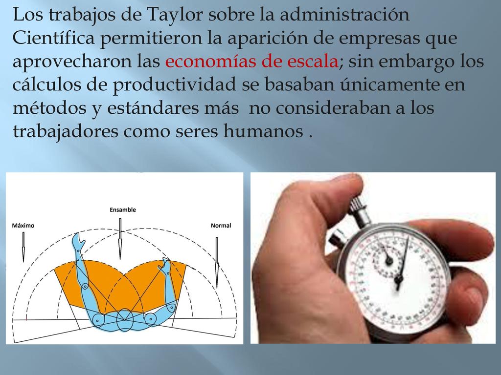 Los trabajos de Taylor sobre la administración Científica permitieron la aparición de empresas que aprovecharon las economías de escala; sin embargo los cálculos de productividad se basaban únicamente en métodos y estándares más no consideraban a los trabajadores como seres humanos .