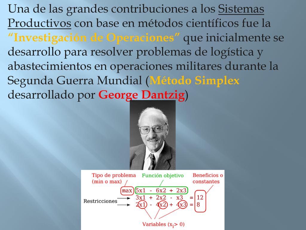 Una de las grandes contribuciones a los Sistemas Productivos con base en métodos científicos fue la Investigación de Operaciones que inicialmente se desarrollo para resolver problemas de logística y abastecimientos en operaciones militares durante la Segunda Guerra Mundial (Método Simplex desarrollado por George Dantzig)
