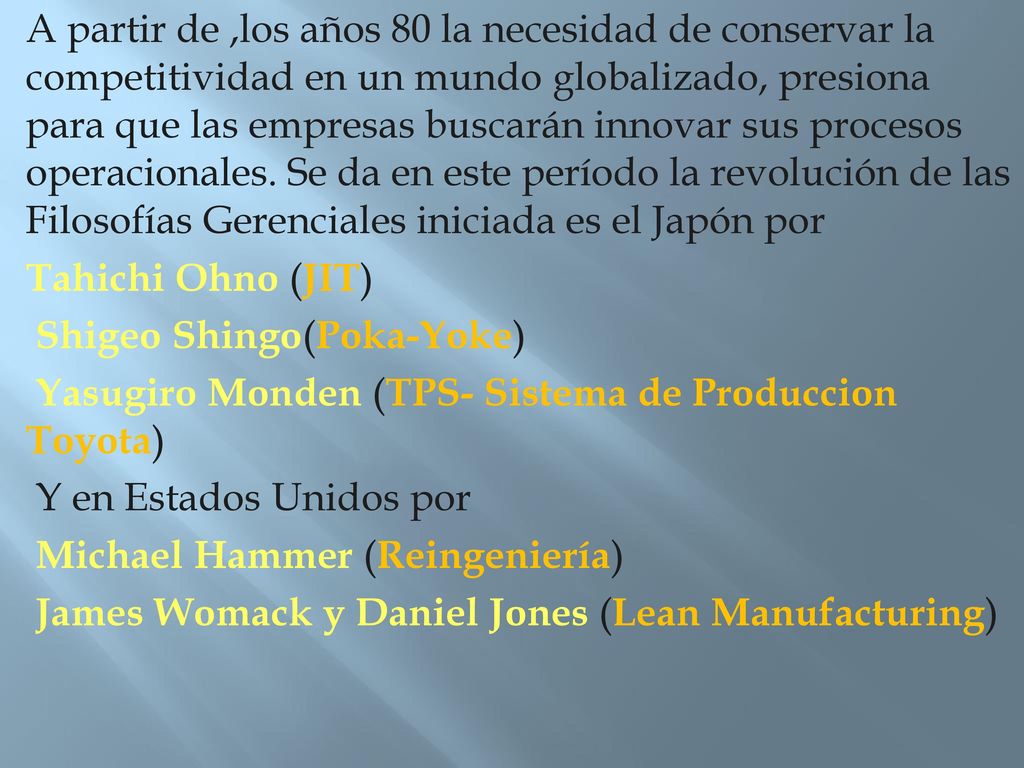 A partir de ,los años 80 la necesidad de conservar la competitividad en un mundo globalizado, presiona para que las empresas buscarán innovar sus procesos operacionales.