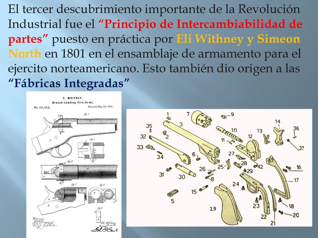 El tercer descubrimiento importante de la Revolución Industrial fue el Principio de Intercambiabilidad de partes puesto en práctica por Eli Withney y Simeon North en 1801 en el ensamblaje de armamento para el ejercito norteamericano.