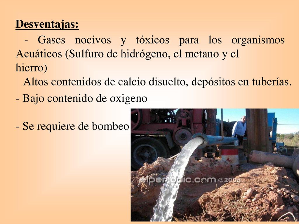 Desventajas: - Gases nocivos y tóxicos para los organismos Acuáticos (Sulfuro de hidrógeno, el metano y el hierro)