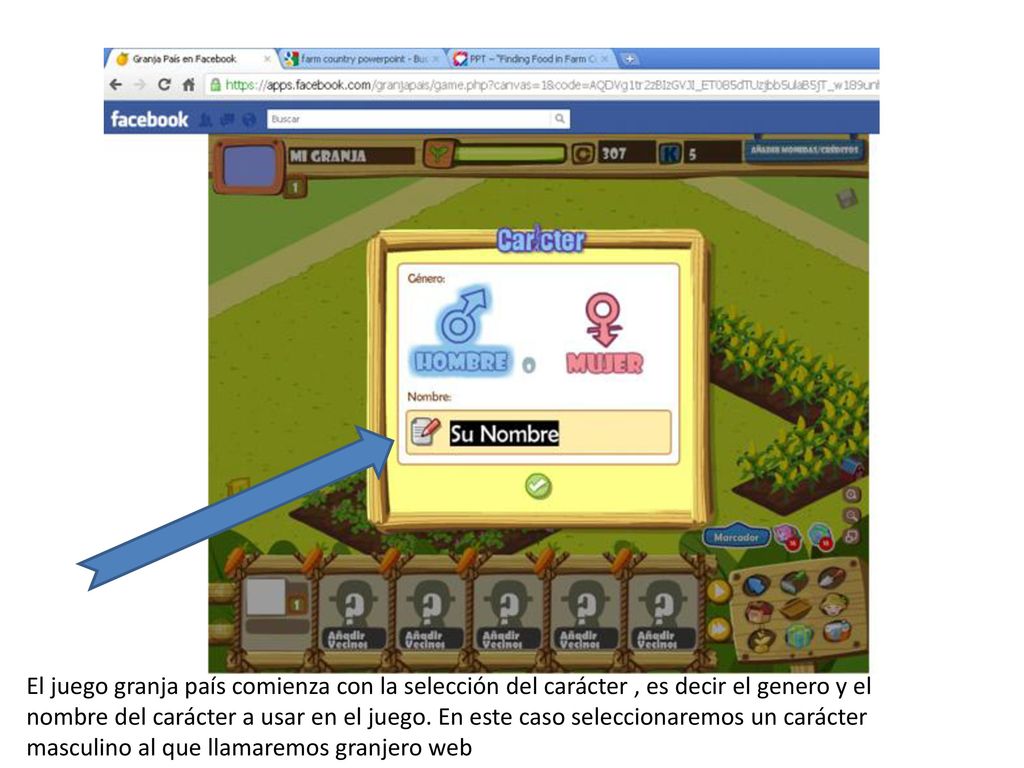 El juego granja país comienza con la selección del carácter , es decir el genero y el nombre del carácter a usar en el juego.