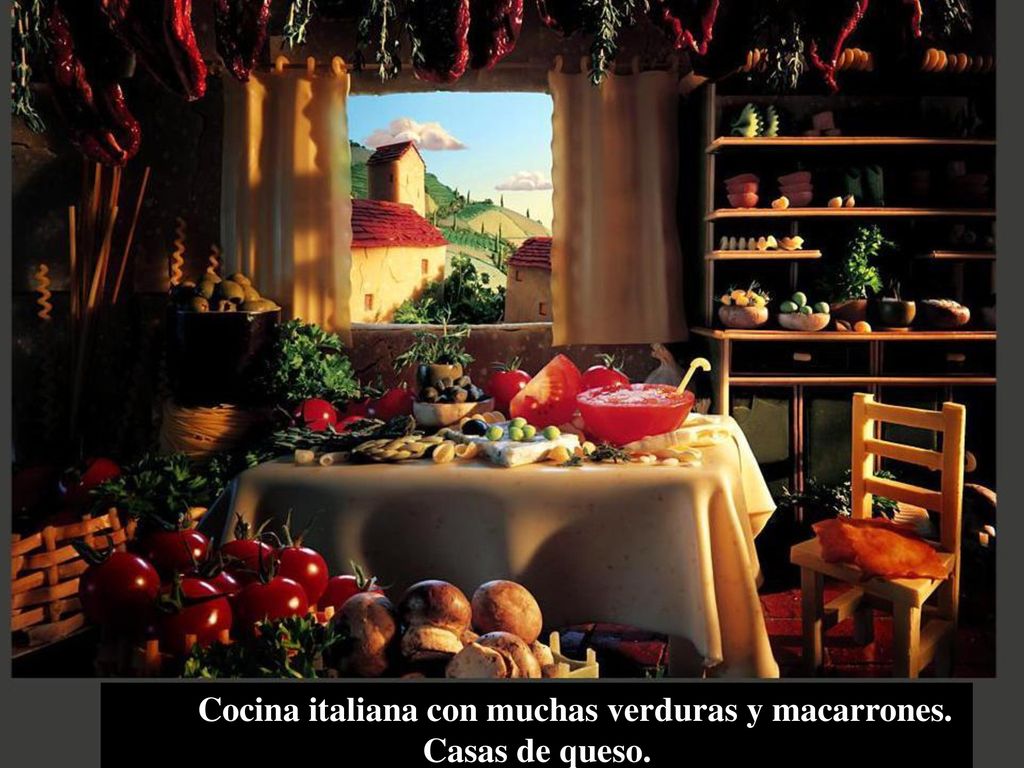 Cocina italiana con muchas verduras y macarrones. Casas de queso.