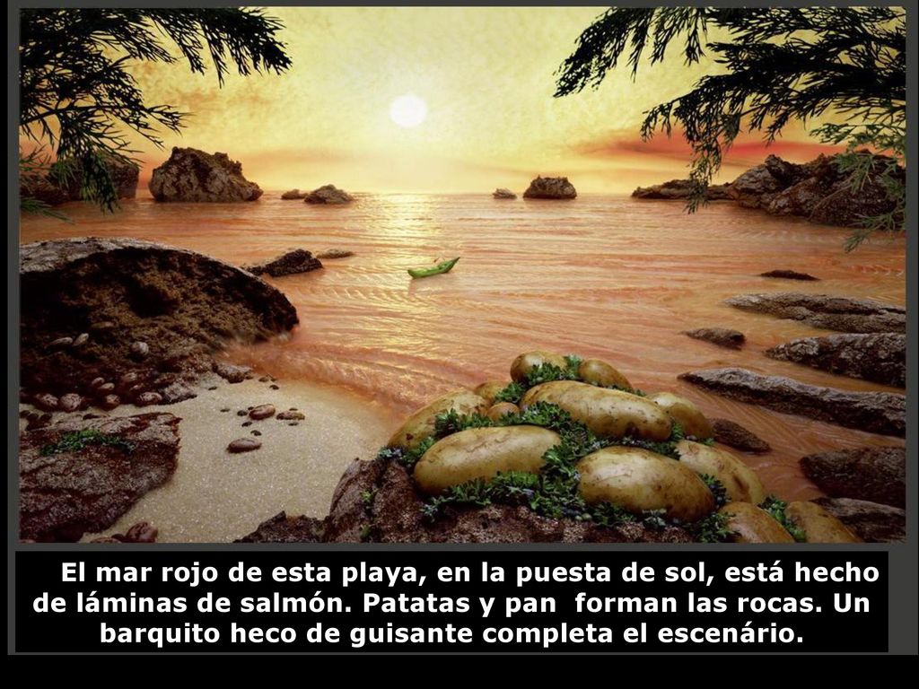 El mar rojo de esta playa, en la puesta de sol, está hecho de láminas de salmón.