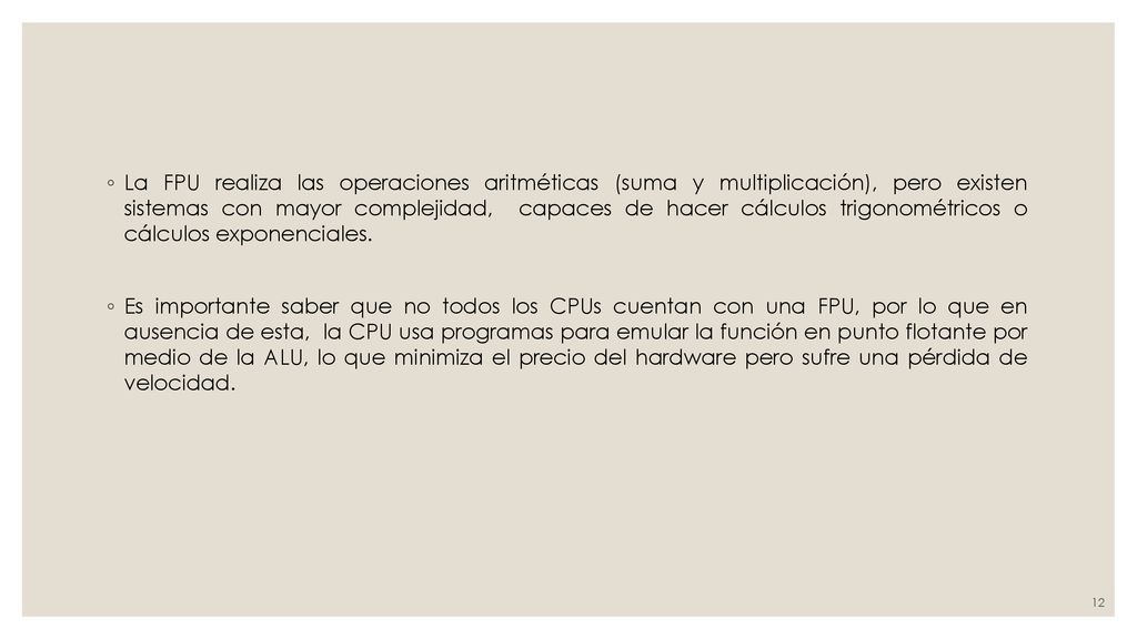 La FPU realiza las operaciones aritméticas (suma y multiplicación), pero existen sistemas con mayor complejidad, capaces de hacer cálculos trigonométricos o cálculos exponenciales.