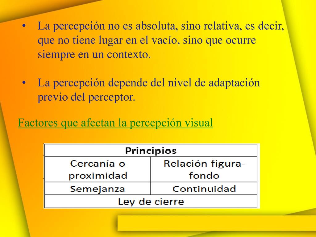 La percepción no es absoluta, sino relativa, es decir, que no tiene lugar en el vacío, sino que ocurre siempre en un contexto.
