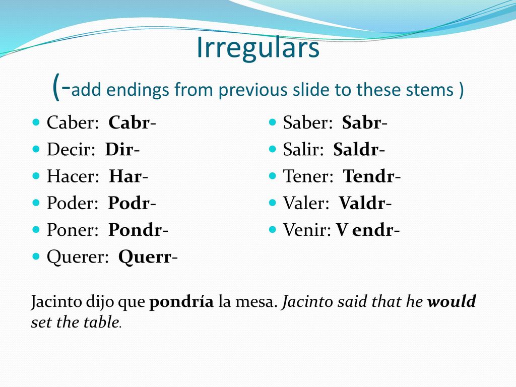 Irregulars (-add endings from previous slide to these stems )