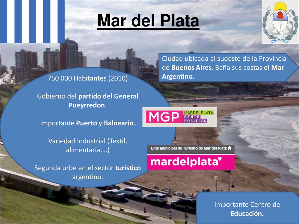 Mar del Plata Ciudad ubicada al sudeste de la Provincia de Buenos Aires. Baña sus costas el Mar Argentino.