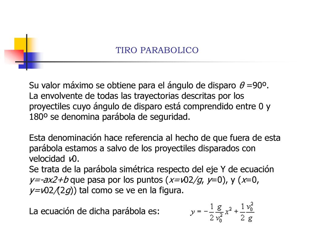 TIRO PARABOLICO Su valor máximo se obtiene para el ángulo de disparo θ =90º.