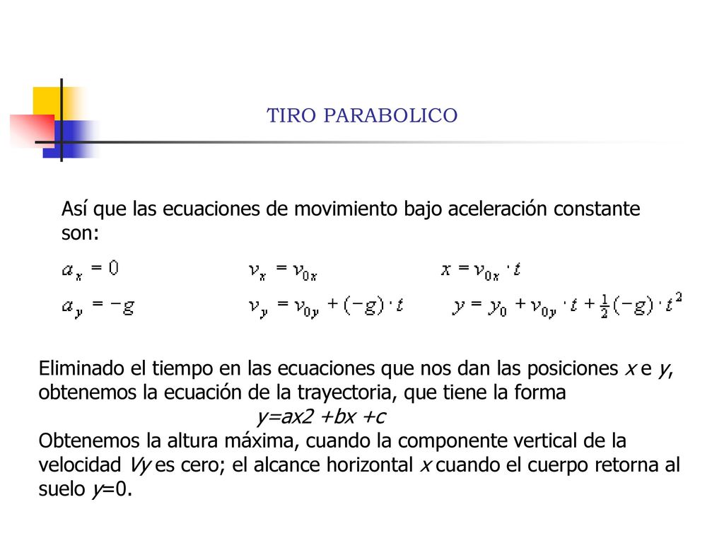 TIRO PARABOLICO Así que las ecuaciones de movimiento bajo aceleración constante son: