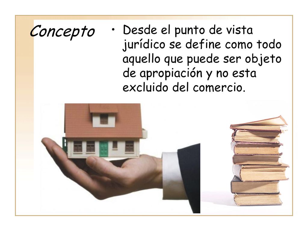 Concepto Desde el punto de vista jurídico se define como todo aquello que puede ser objeto de apropiación y no esta excluido del comercio.